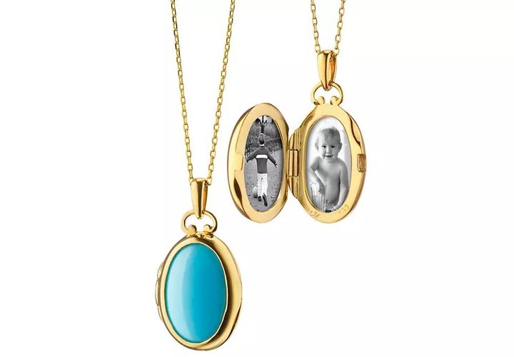 Two oval yellow gold lockets. One showing the smooth turquoise front. One open to reveal black and white photo of a child playing soccer on the left side of the locket photo pocket and a black and white photo of a chubby baby on the right photo pocket.